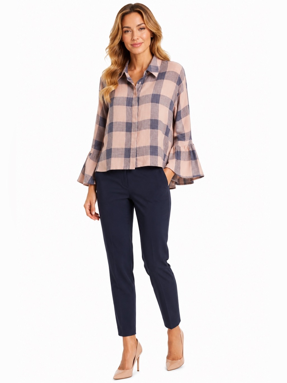 Lane Bryant Blouse Top Sz 18 Plaid Bell Sleeve Button Down Blush Pink & Navy EUC